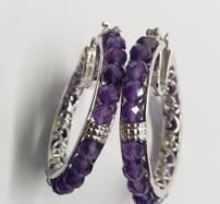 Amethyst Gemstone Beaded Silver Hoop Earrings 202//187