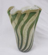 Green and tan swirled glass vase, 13in tall 202//233