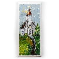 Oil painting of a country church on a wood plank, 6in  x 14in 202//202