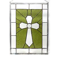 Green stained glass cross art piece with chain for hanging, 15in  x 20in 202//202