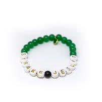 Beaded bracelet in green and white featuring Strake Jesuit beads 202//202
