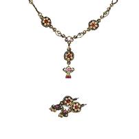 Antiqued necklace and earrings with tiny pearls and red stones 202//202