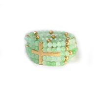 Aqua green beaded stacked bracelet with gold cross 202//202