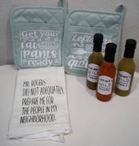 Funny potholders, dish towel, and Hot Sauce 202//211