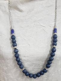 Silver Long Blue Wood Beaded Necklace 202//268