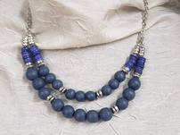 Silver  Two Row Blue Wood Beaded Necklace 202//151