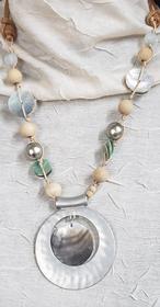 Silver Mother of Pearl Wooden Bead Rope Necklace 146//280