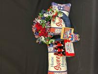 Wreath, welcome sign,2 patriotic pillows, Uncle Sam décor & Budweiser Beer 202//152